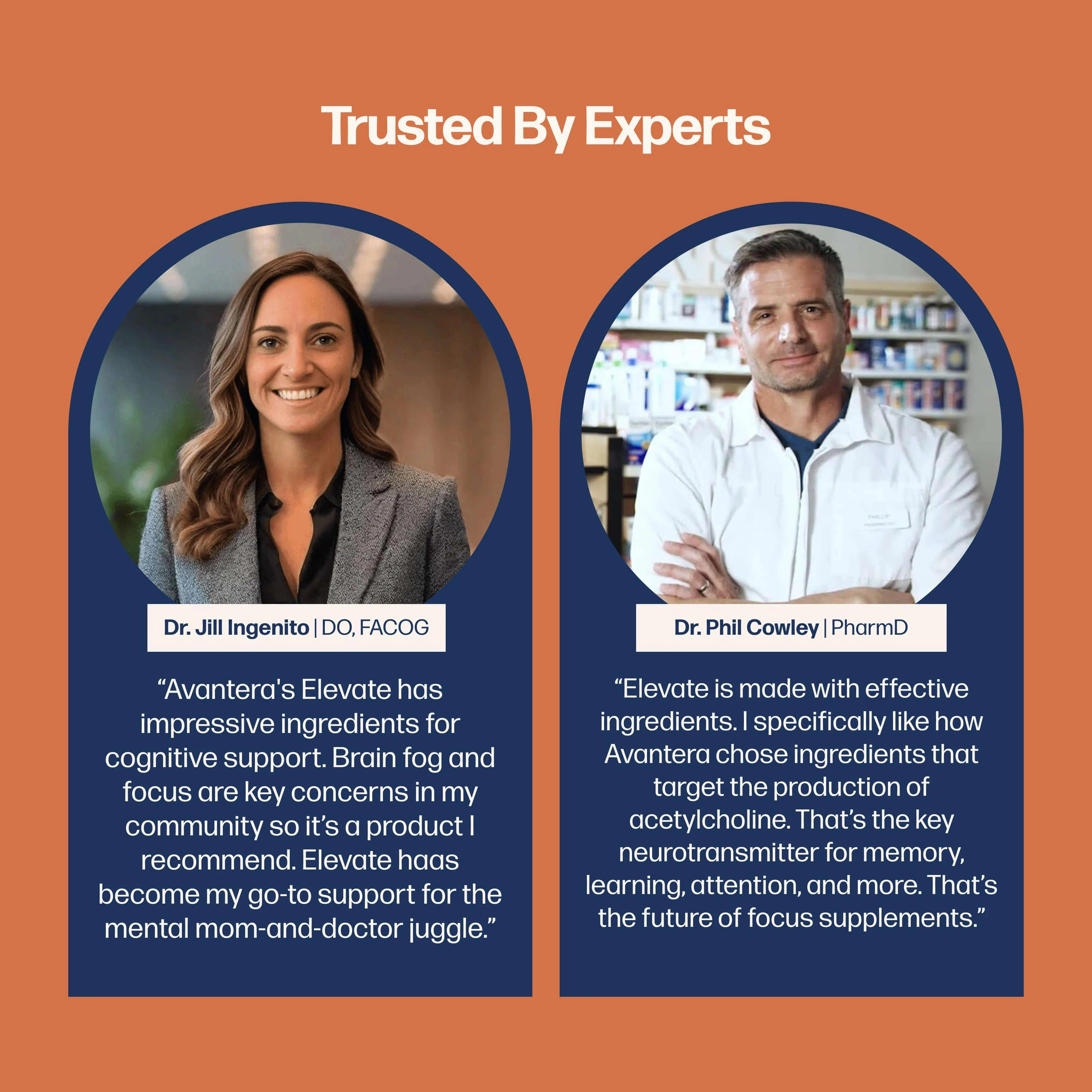 A graphic titled 'Trusted By Experts' featuring testimonials from a female doctor and a male pharmacist.