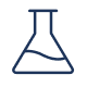 A dark blue line icon of a chemical flask partially filled with liquid on a black background.