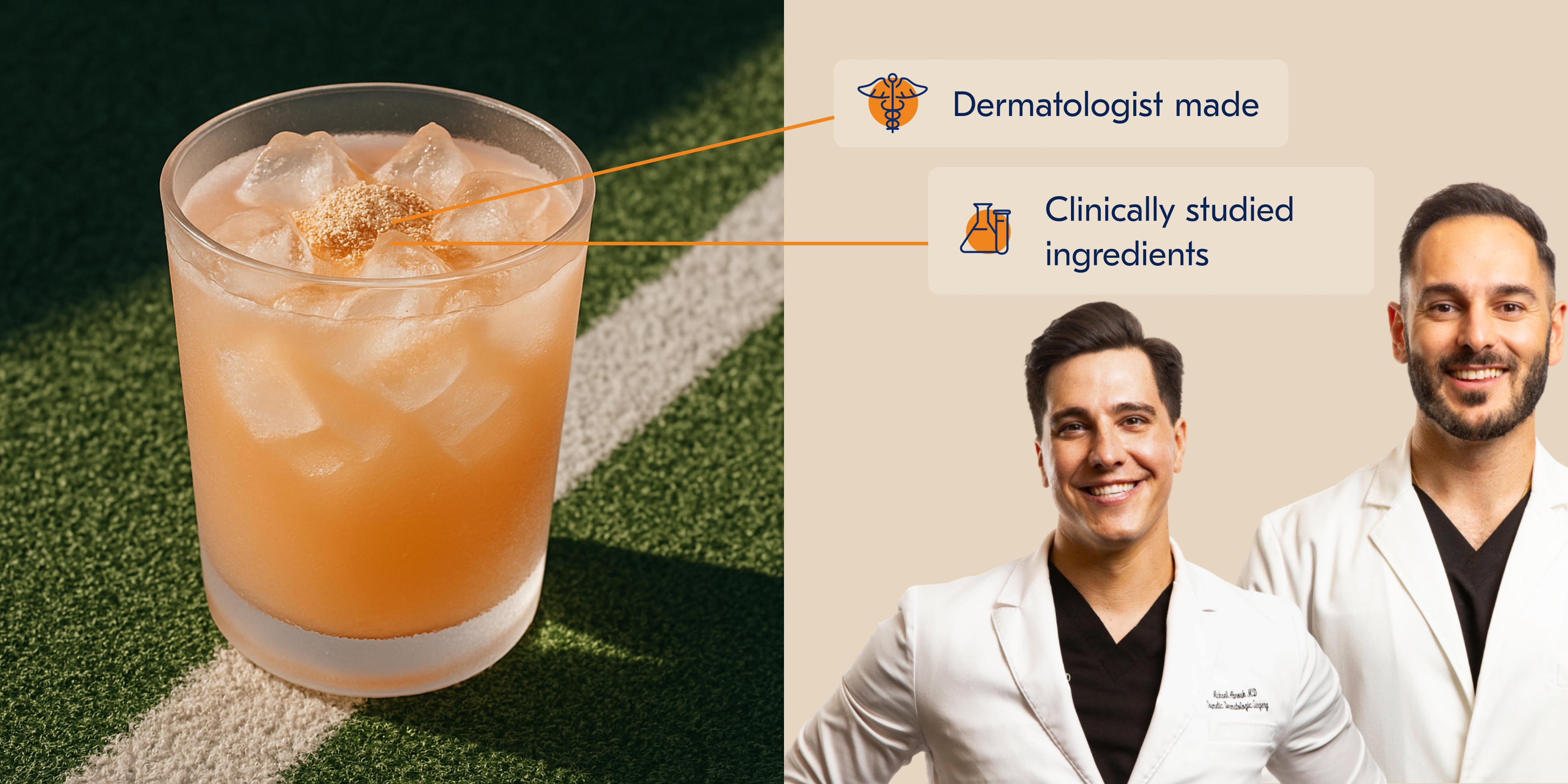A drink with ice and two smiling men in white coats.