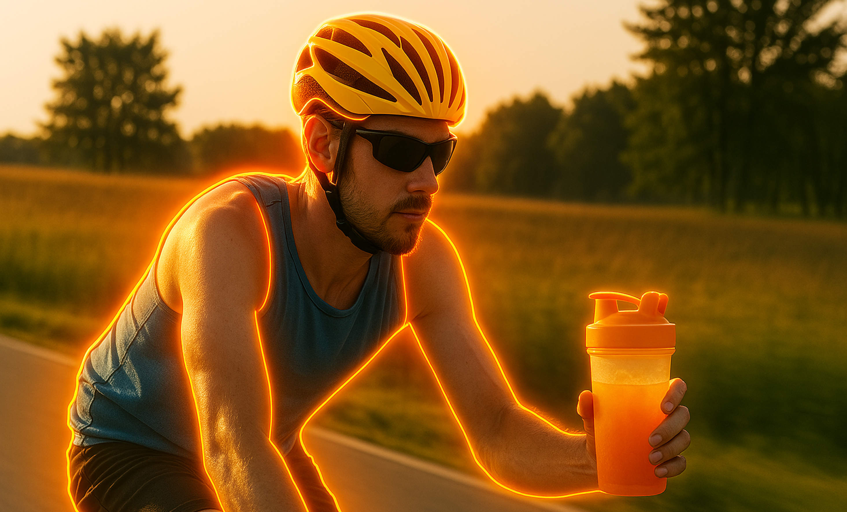 Cyclist wearing a helmet and sunglasses, holding an orange drink bottle, with a glowing outline.