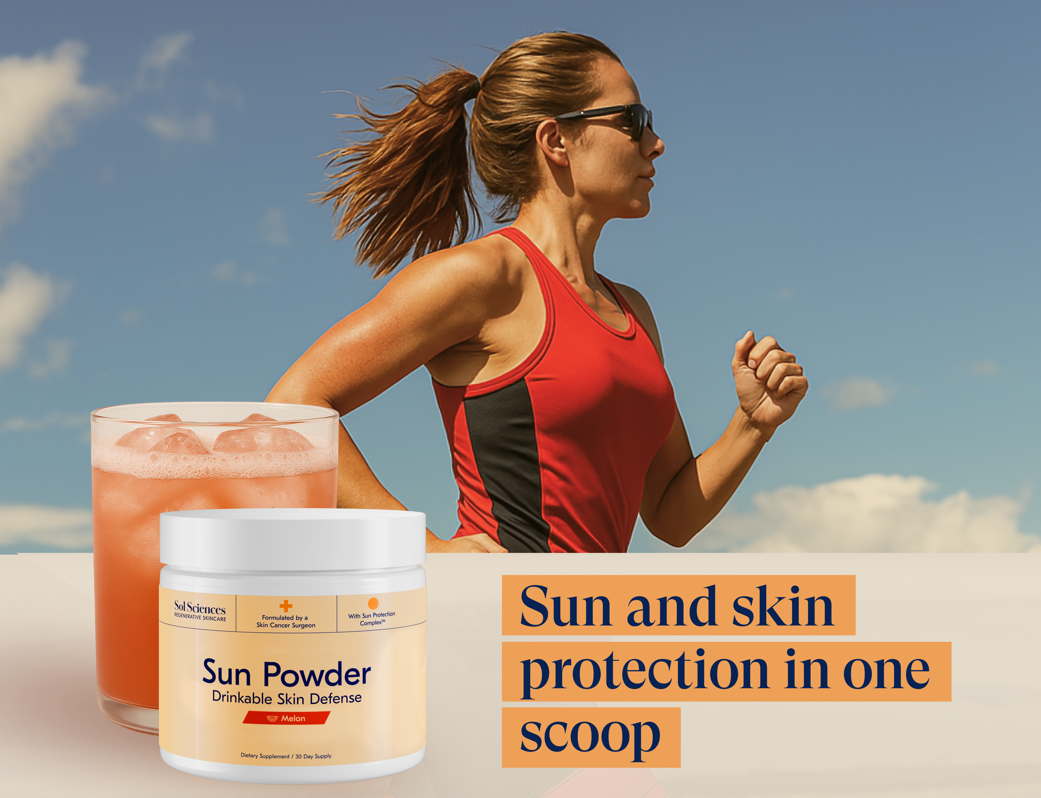Woman jogging with sun powder product and drink in foreground.