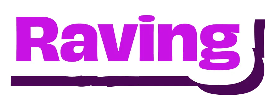 Purple text 'Raving' with a white outline on a dark background.