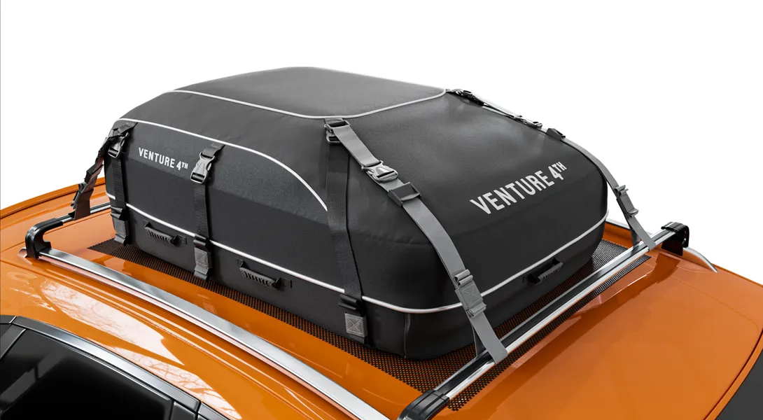 Black rooftop cargo bag on an orange car with silver roof rails.