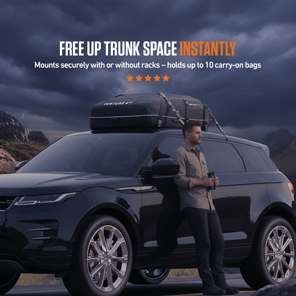 Man leaning on SUV with a rooftop cargo bag in a mountainous landscape.