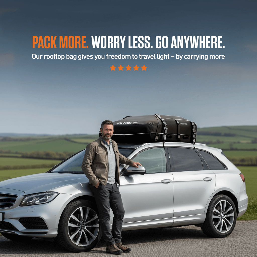 Man leaning on car with rooftop bag on countryside road.
