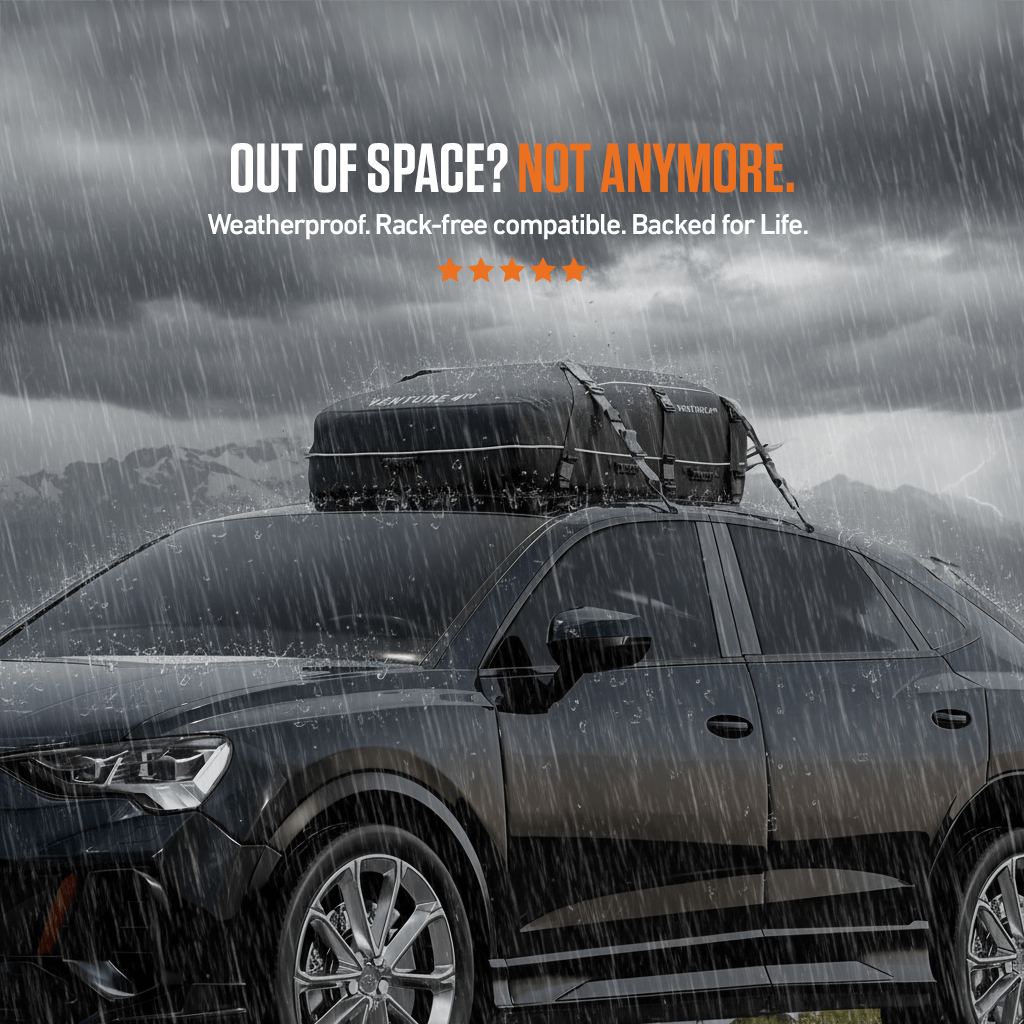 Car with rooftop cargo box in heavy rain, promotional text overlay.