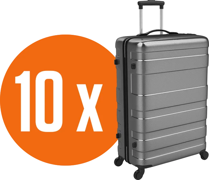 Silver suitcase with wheels next to an orange circle with '10x' in white.