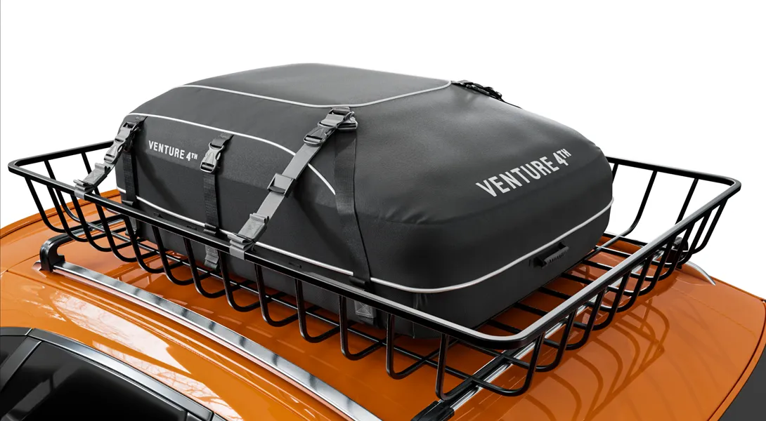 Black cargo bag on a car roof rack.