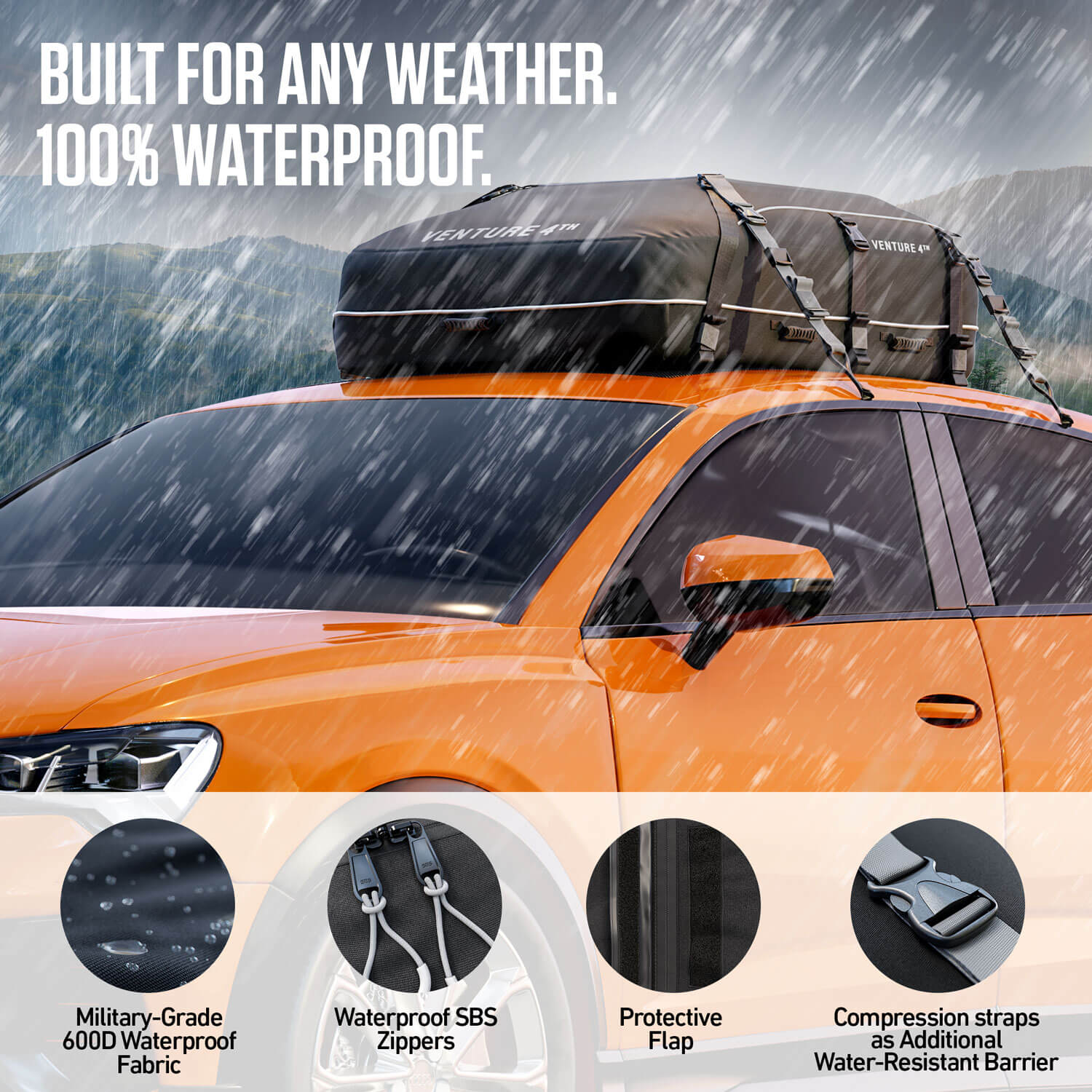 Orange car with roof cargo bag in rain, highlighting waterproof fabric and zippers.