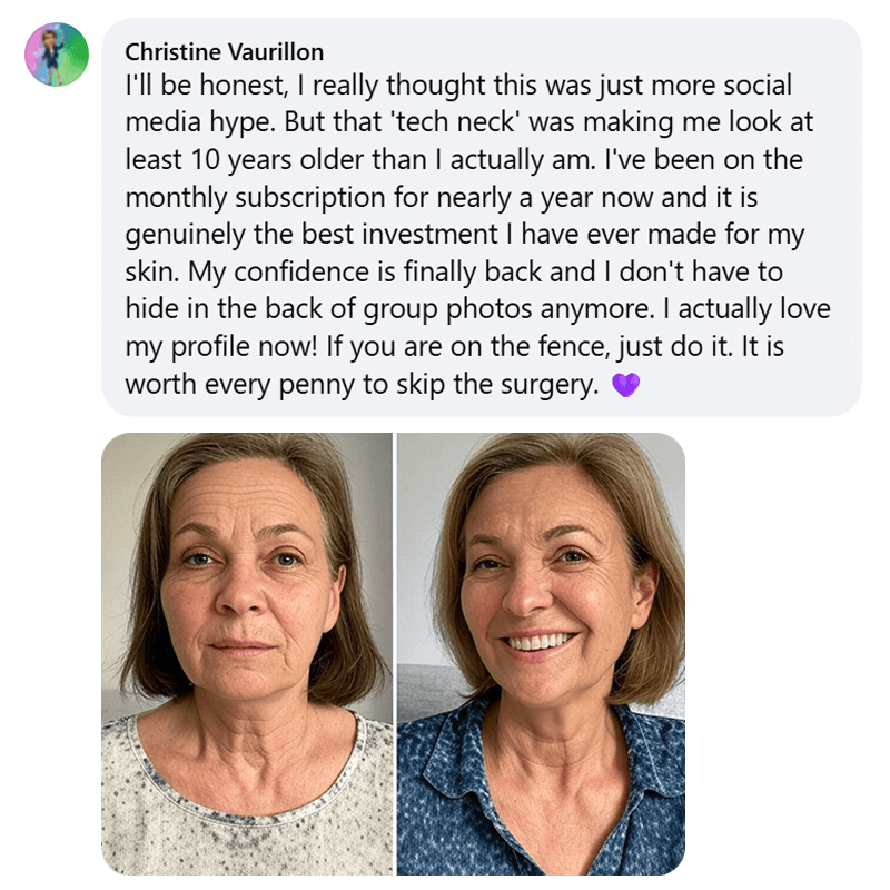 Text testimonial about skincare products with a small profile picture on the left.