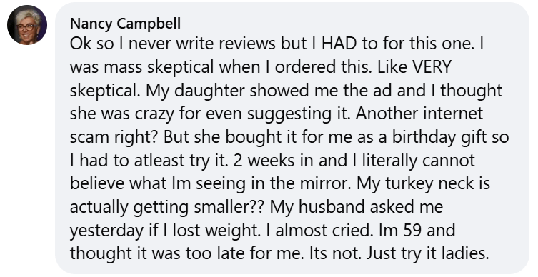 Text review praising a product's effectiveness on skin in a week.