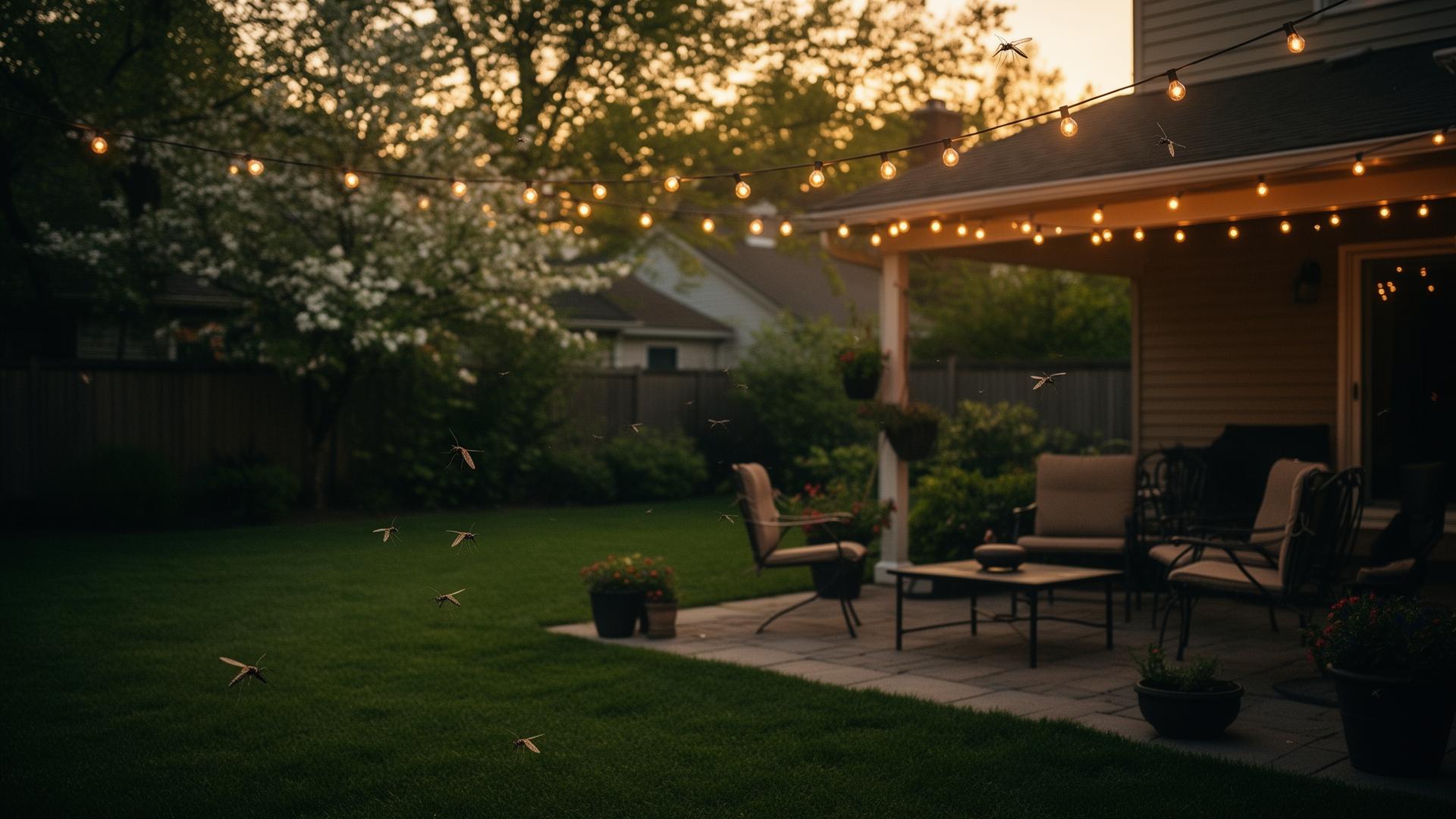 Mosquitoes flying around a backyard patio with lit string lights at dusk.