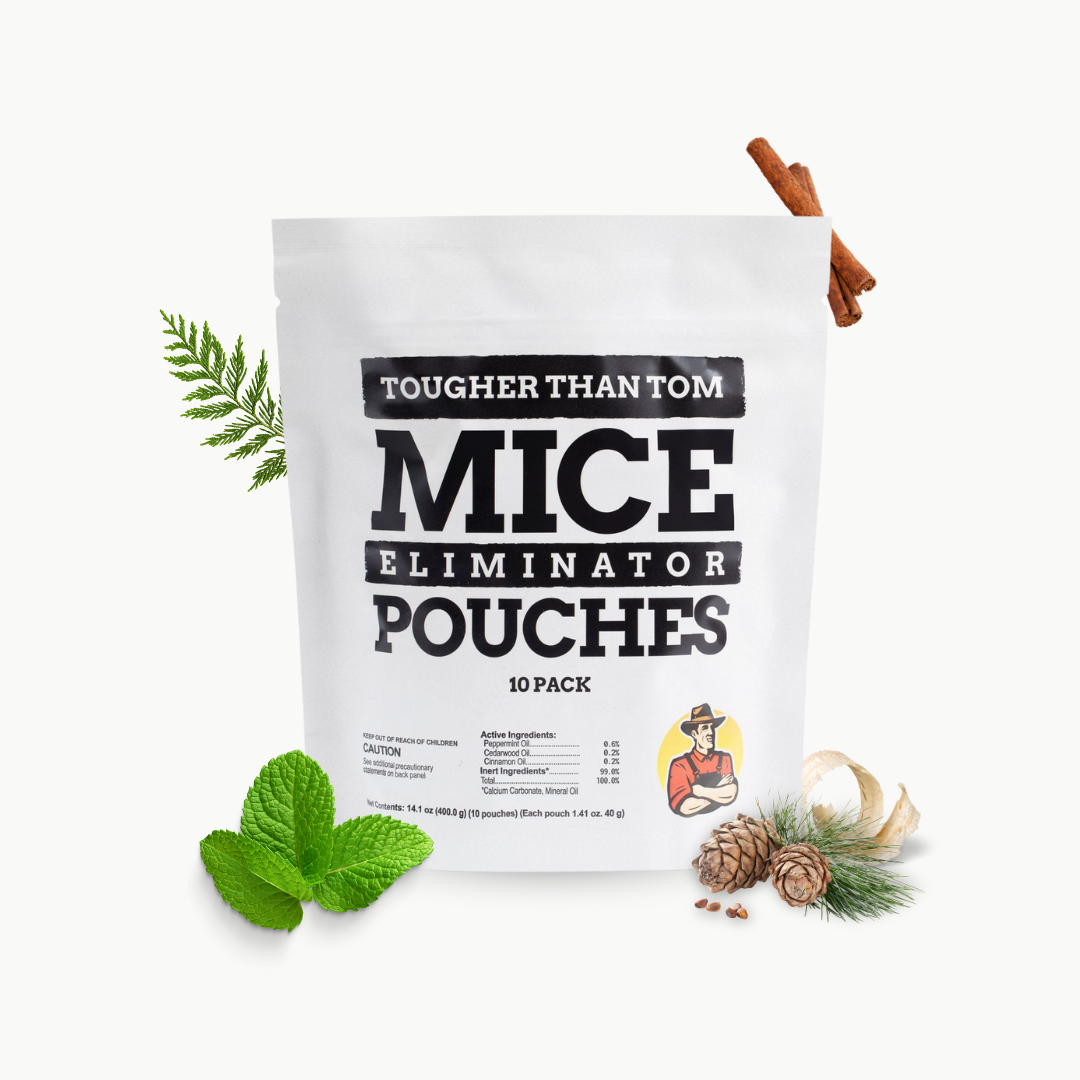 White pouch labeled 'Mice Eliminator Pouches' with leaves, pine cones, and cinnamon sticks around it.