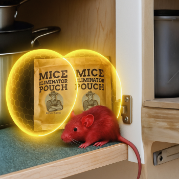 Red mouse near Mice Eliminator Pouch on kitchen shelf.