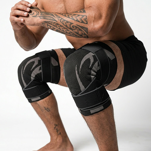A muscular man with a tattooed arm squats while wearing black and grey knee braces against a white background.