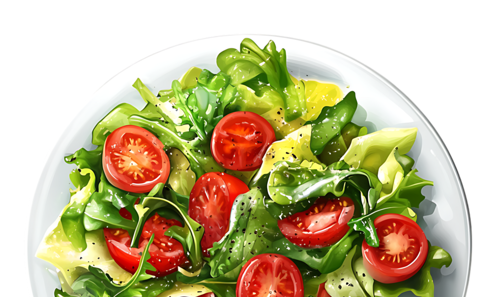 A plate of fresh salad with lettuce and cherry tomatoes.
