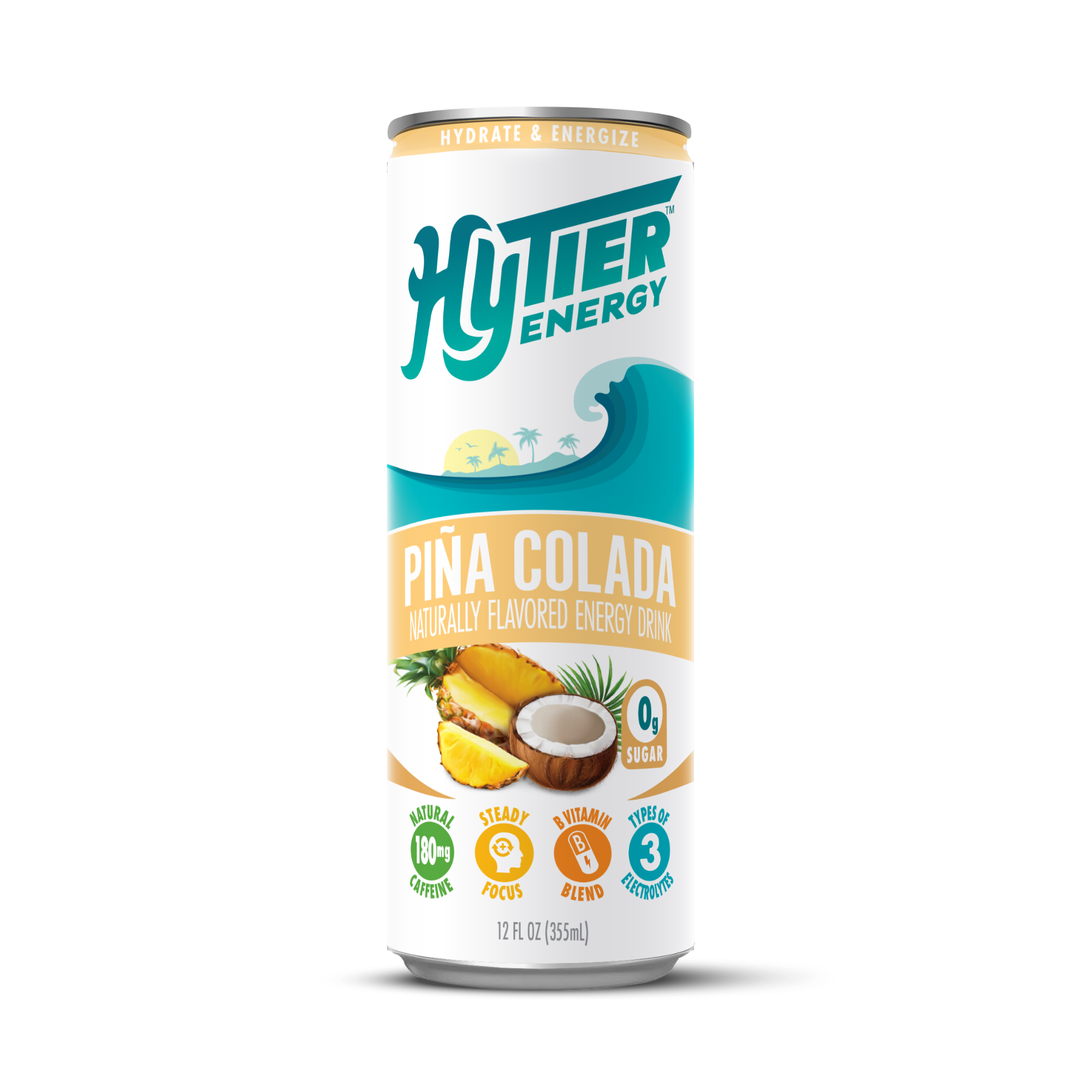 A can of Hy-Tier Energy Pina Colada naturally flavored energy drink on a white background.