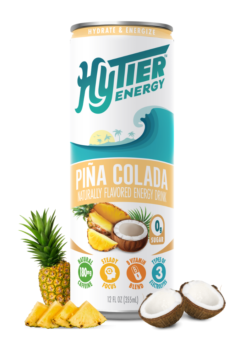 Can of HyTier Energy Piña Colada drink with pineapple and coconut.
