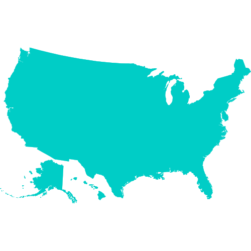 Solid turquoise silhouette of the United States map on a black background.