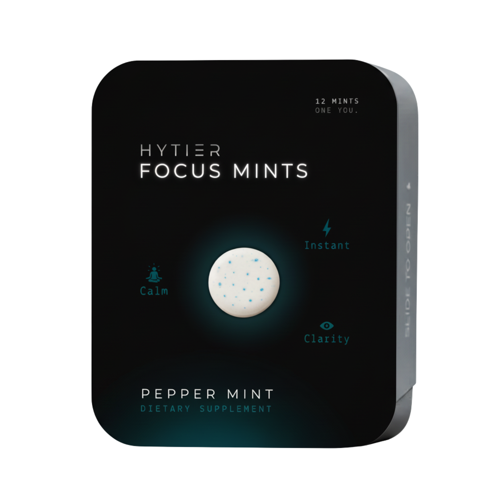 Packaging of Hytier Focus Mints, showing a mint and text about calm, instant, and clarity.