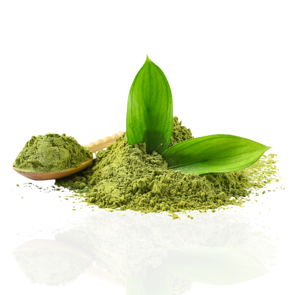 Green powder with leaves and a wooden spoon on a reflective surface.