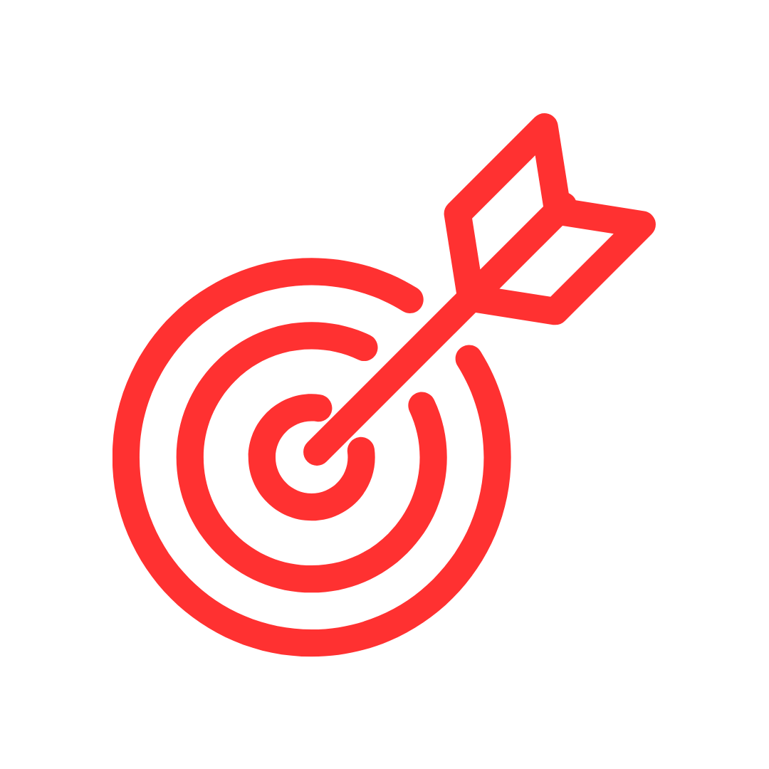 A red line-art icon of a target with an arrow hitting the bullseye on a white background.