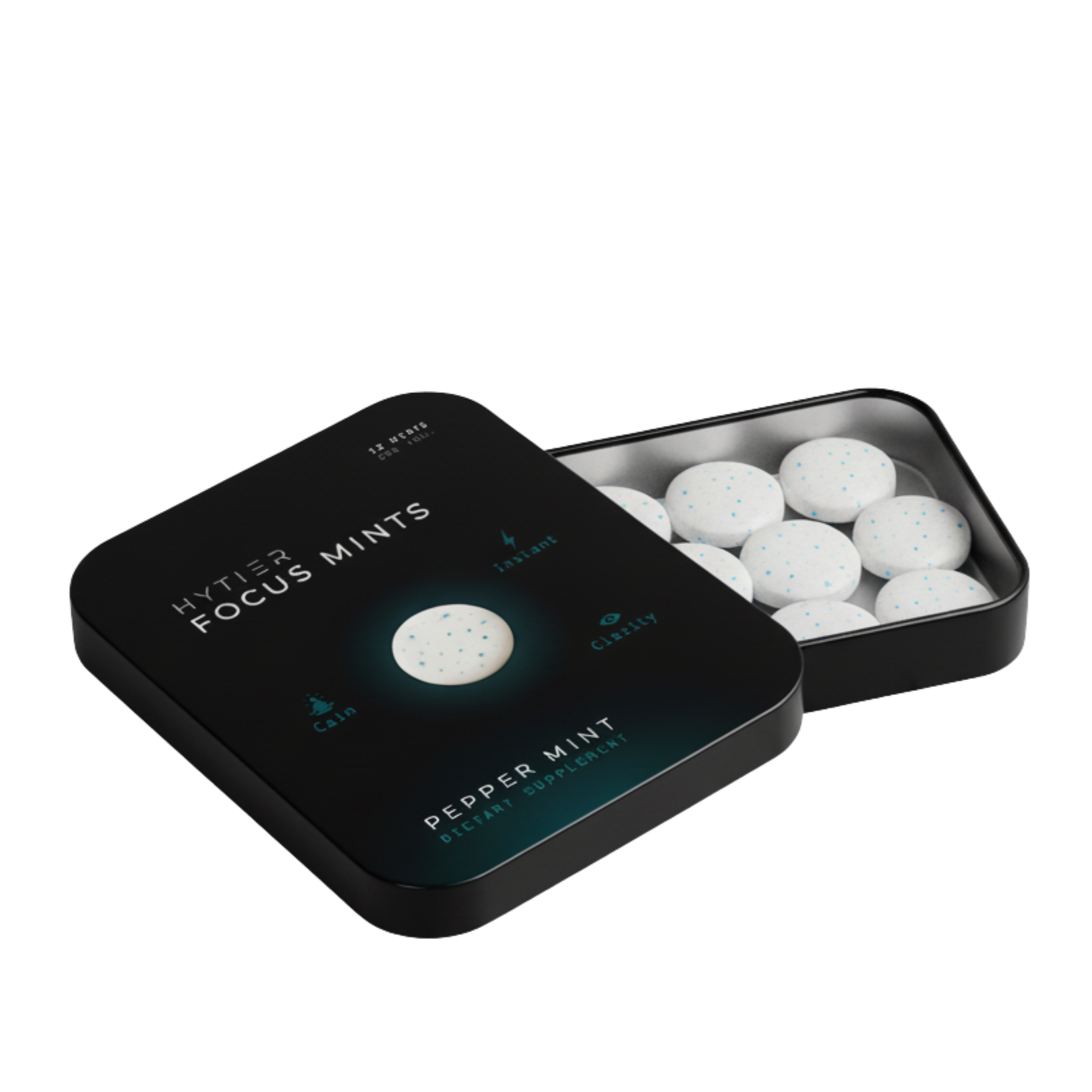 Black tin box with white round mints, labeled 'HYTIER Focus Mints'. Top lid shows mint benefits.