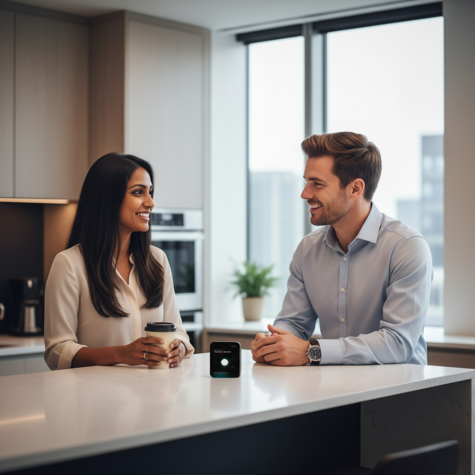 Two people smiling, talking at a kitchen counter with a smart device.