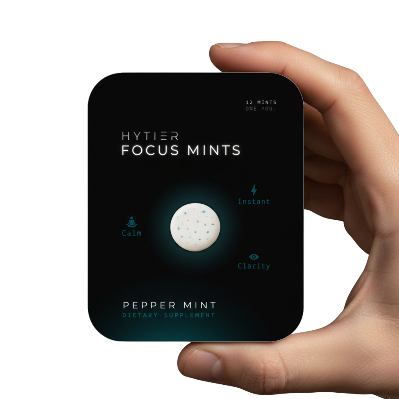 Hand holding a pack of 'Focus Mints' with peppermint flavor and benefits listed.