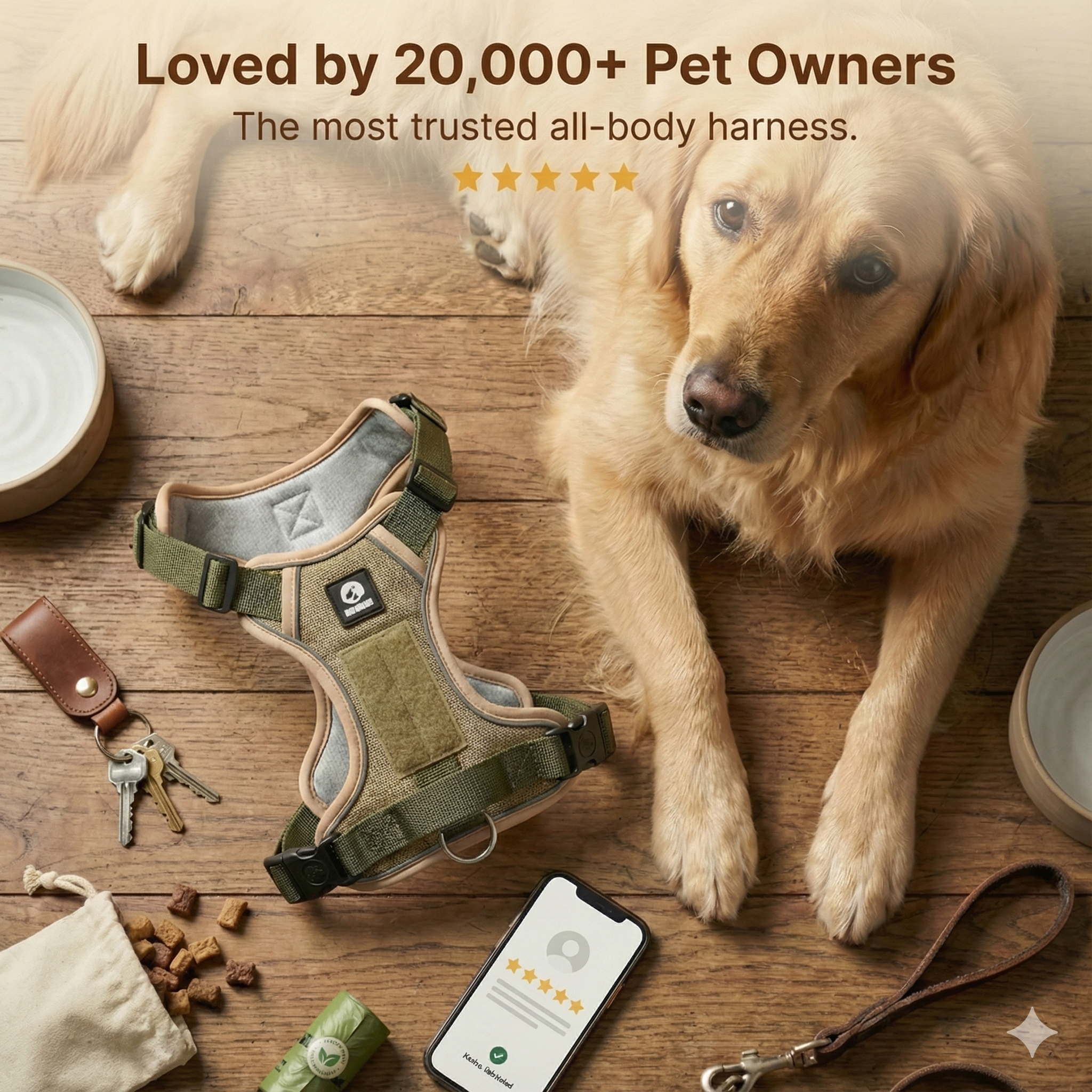 Dog beside a pet harness, phone, keys, and bowls on wooden floor.
