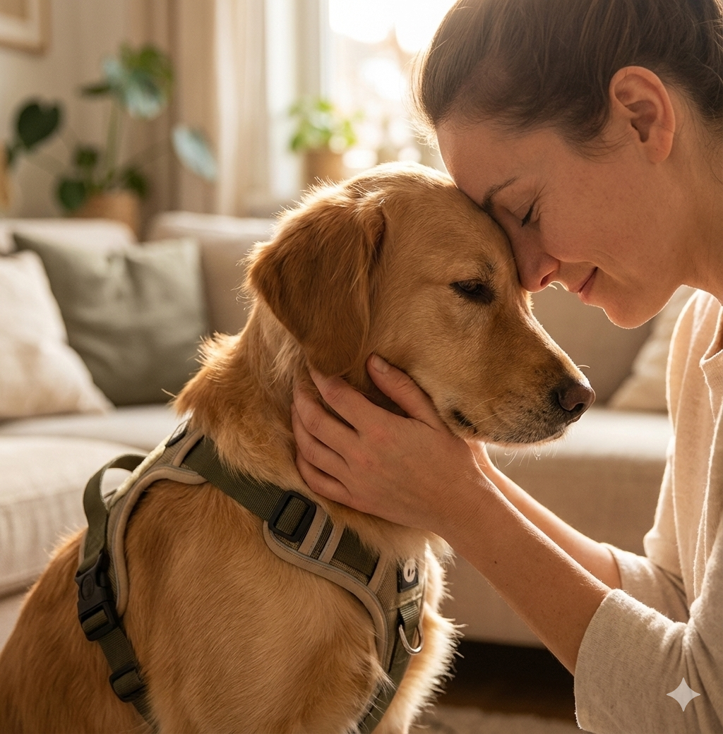 Person resting forehead against a dog's head in a cozy room.