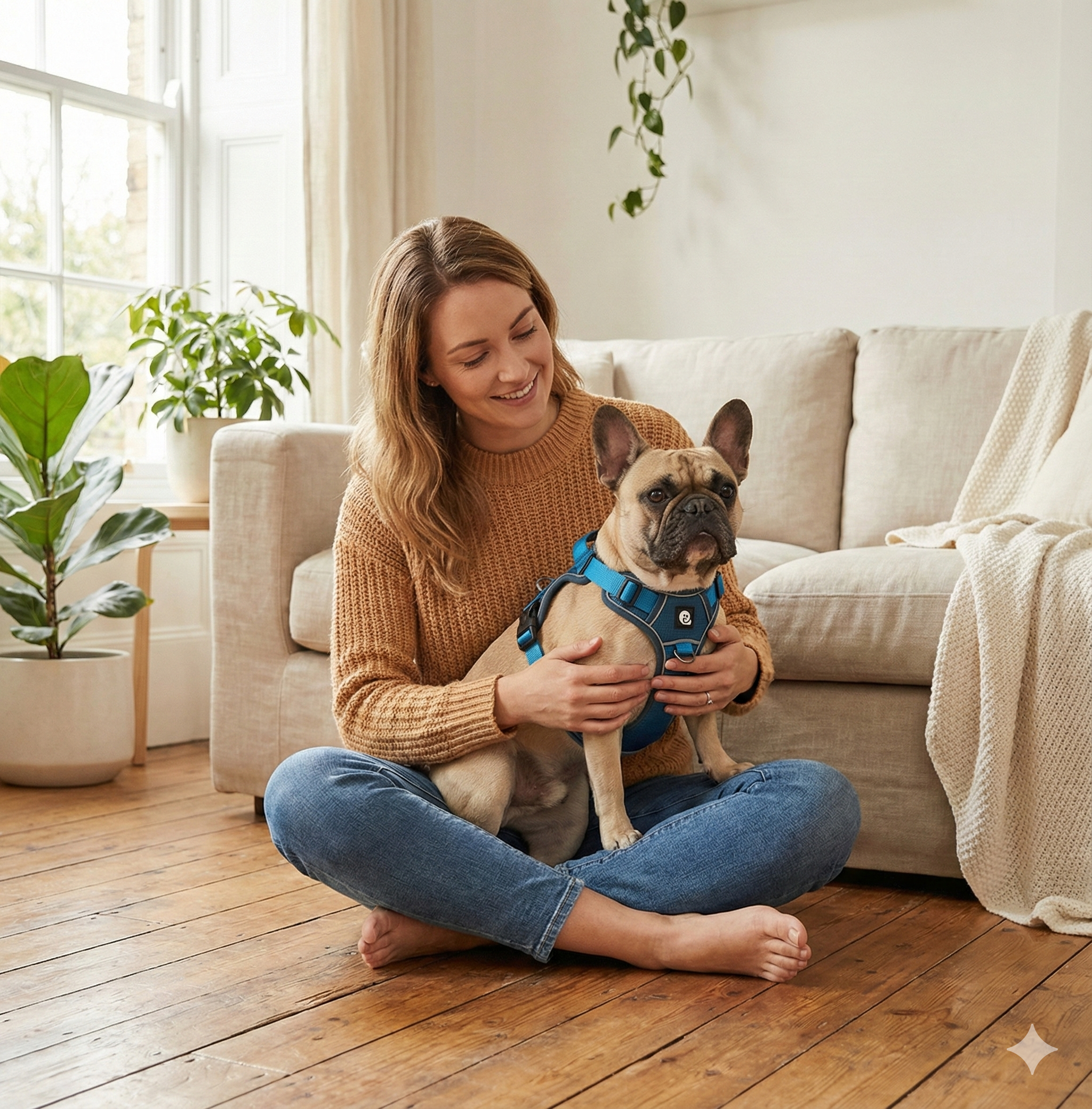 Woman sitting on the floor with a French Bulldog in a living room.