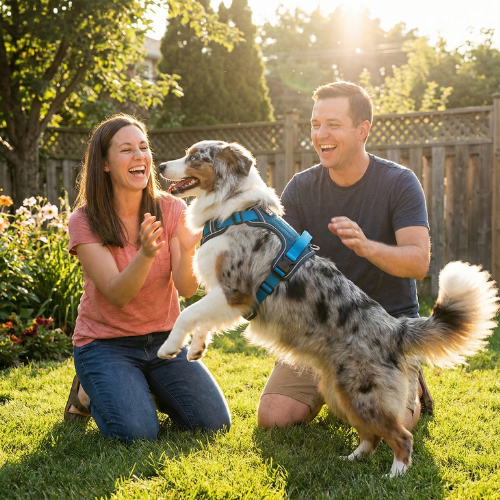 Two people playing with a dog in a sunny backyard.