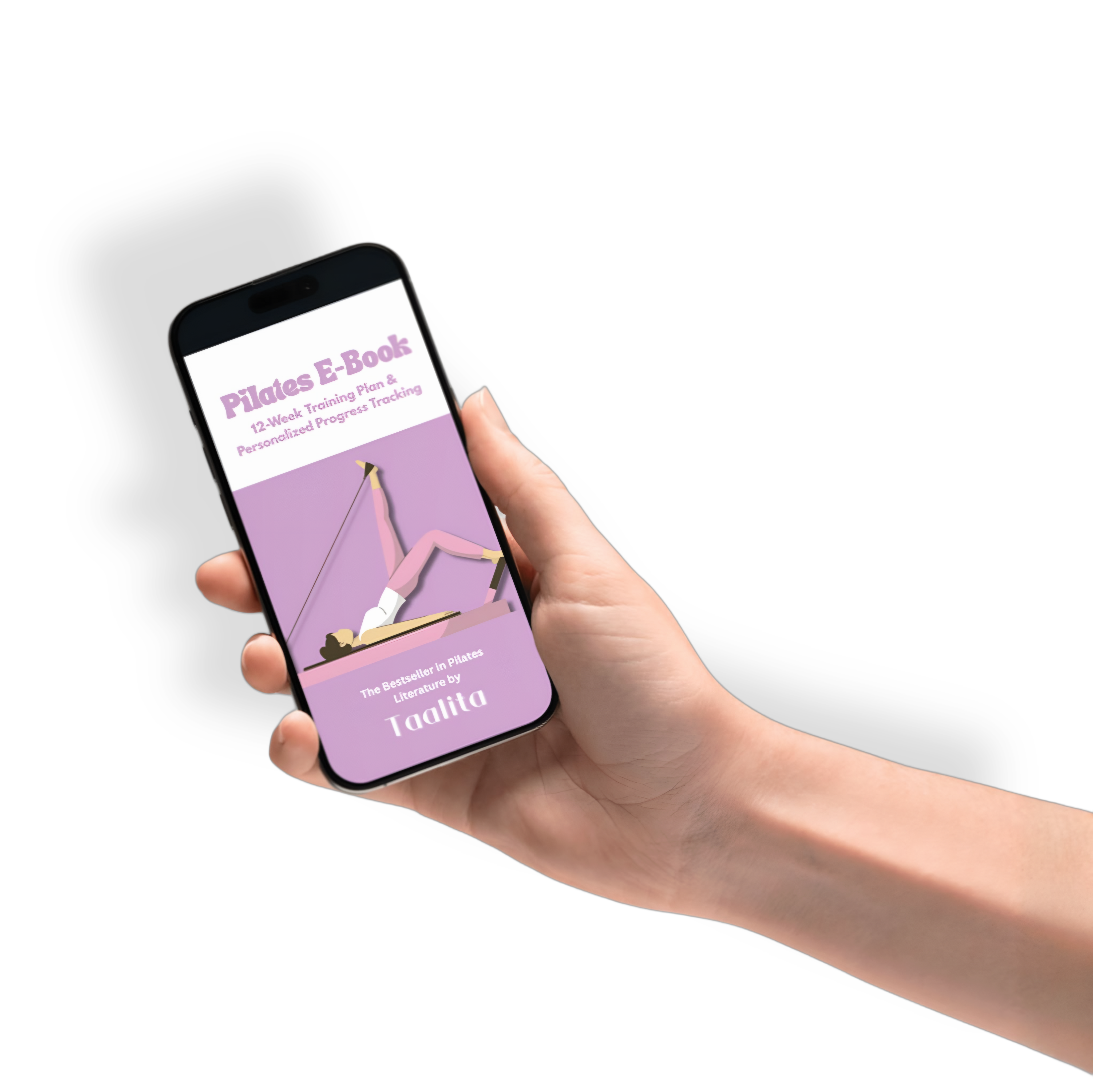 Hand holding a smartphone displaying a Pilates e-book cover.