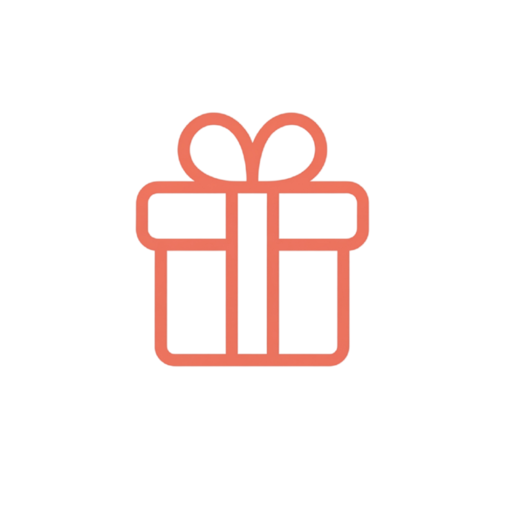 A coral-colored line icon of a gift box with a ribbon and bow on a white background.