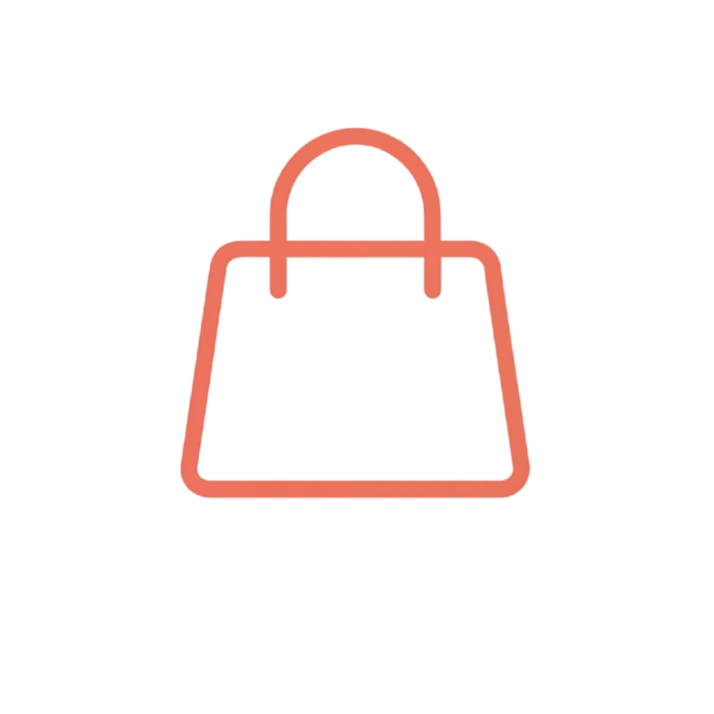 A coral-colored line icon of a shopping bag on a white background.