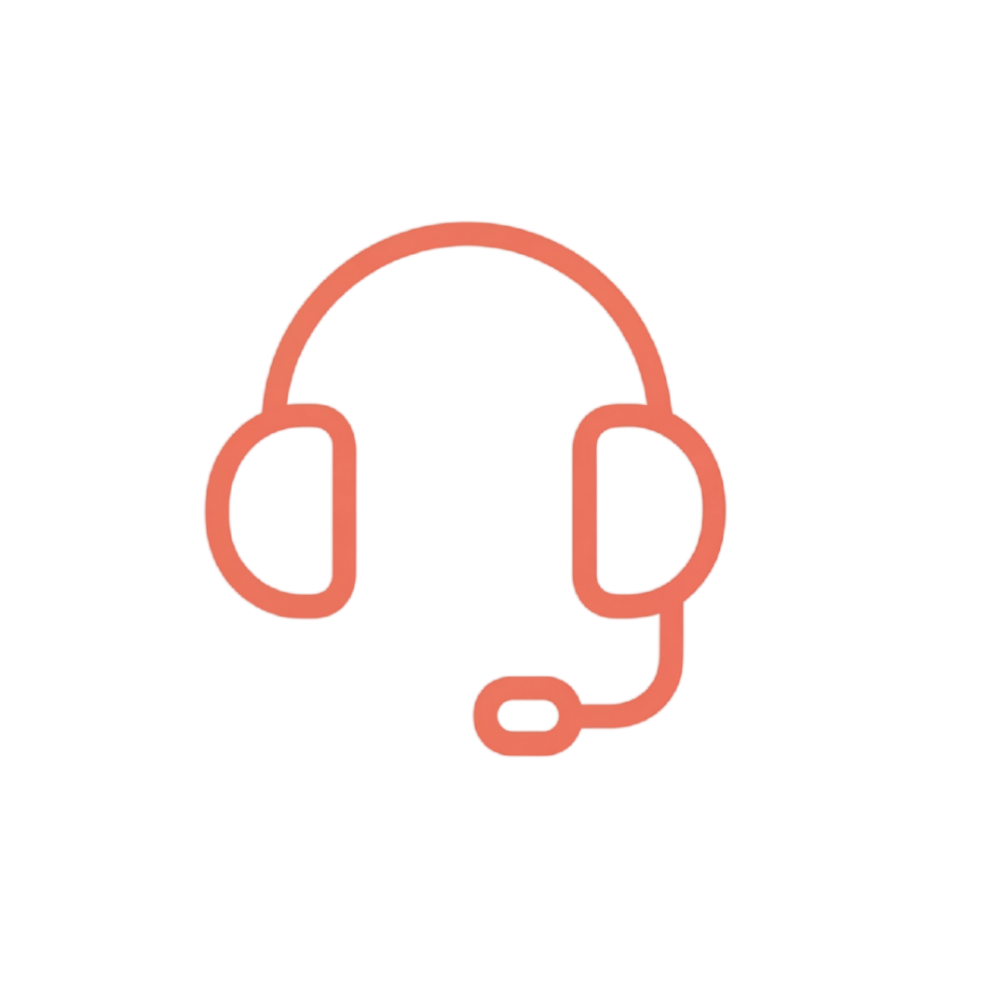 A coral-colored line icon of a headset with a microphone against a white background.