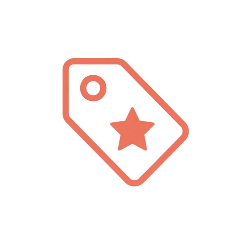 An orange outline icon of a price tag with a star in the center.