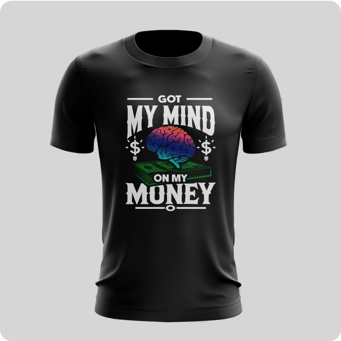 Black t-shirt with 'Got My Mind on My Money' and brain graphic.