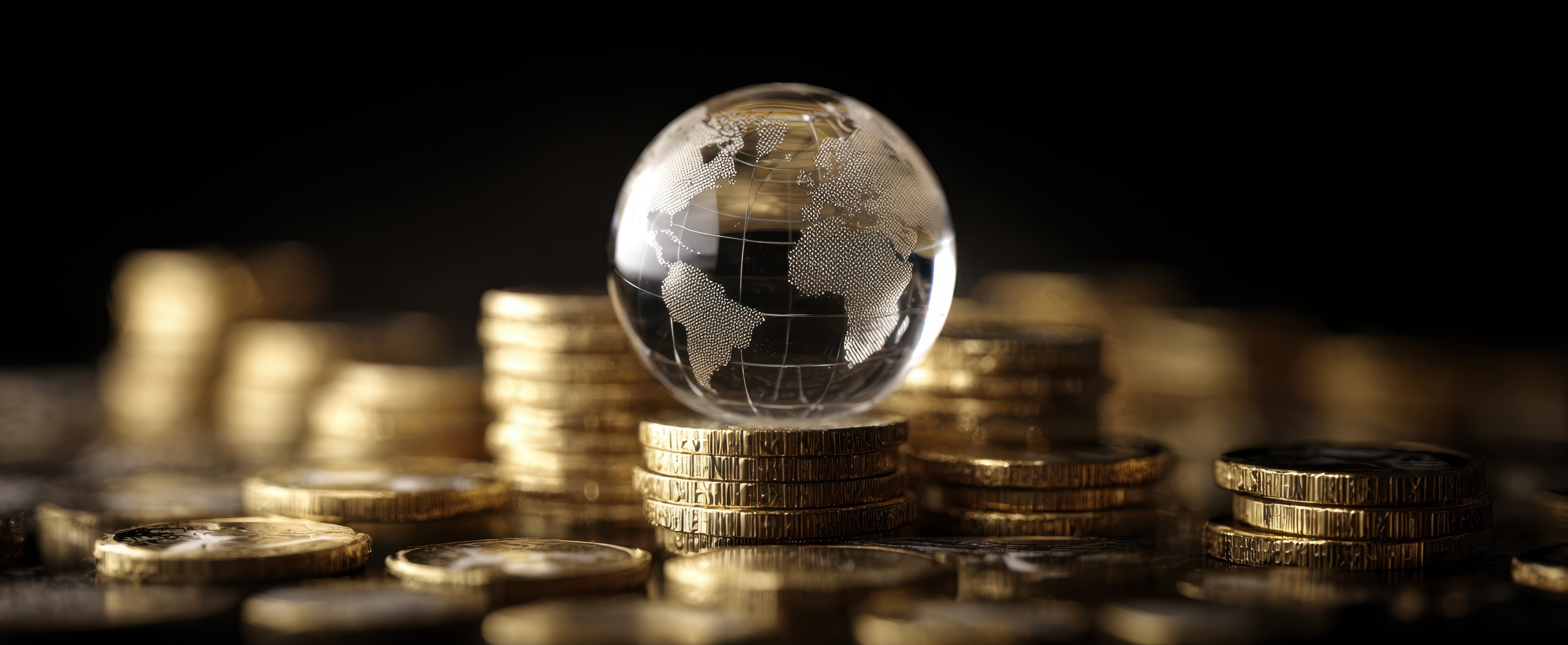 Glass globe on stacked gold coins against dark background.