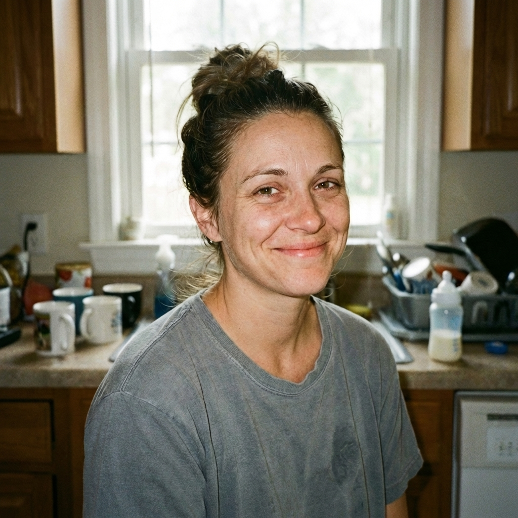 A smiling woman with her hair in a bun, wearing a grey t-shirt, stands in a kitchen.
