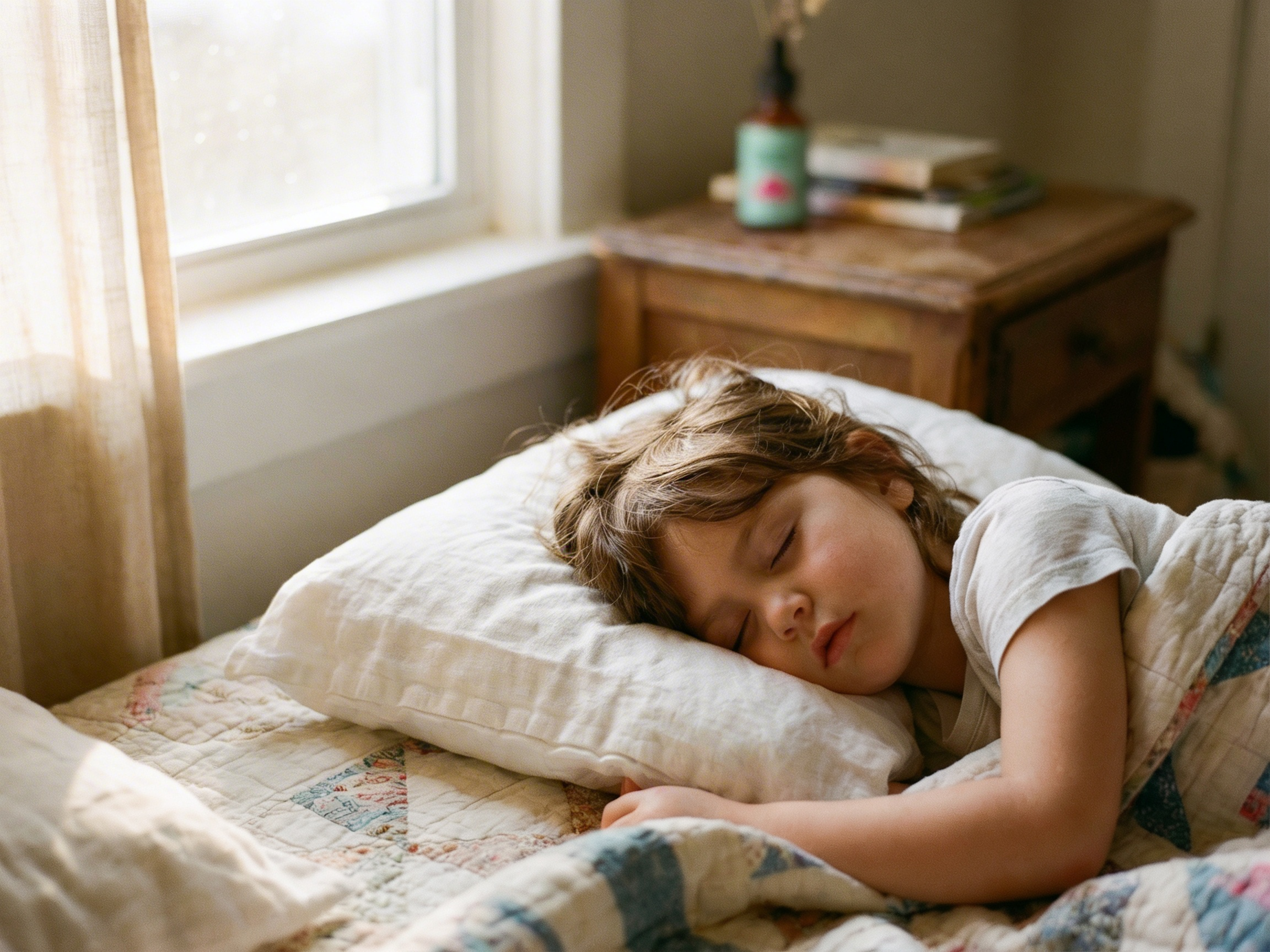 A young child with brown hair sleeps peacefully in bed under a quilt next to a sunlit window.