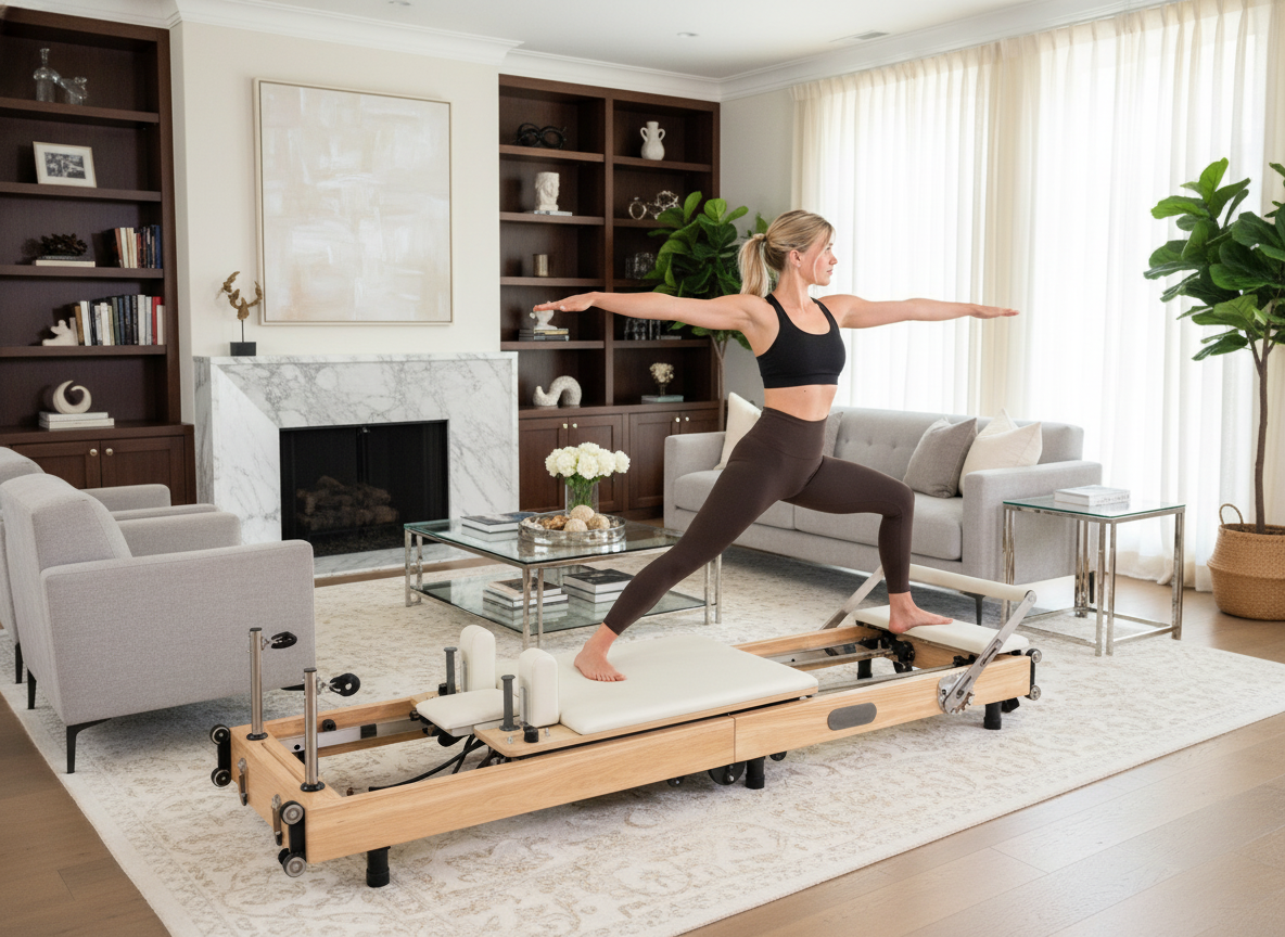 A woman in a yoga pose on a pilates reformer machine in a modern living room.