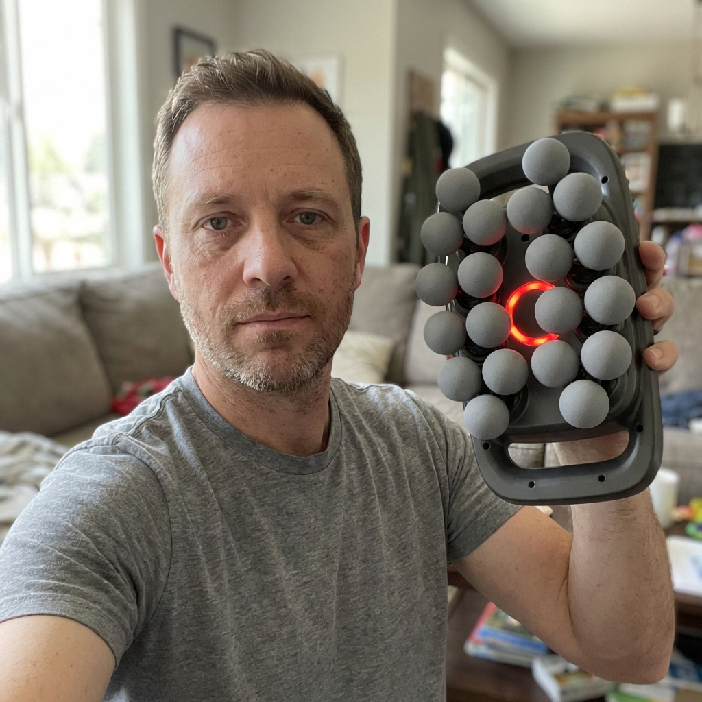 A man in a grey t-shirt holds a handheld massager with multiple grey balls and a red light.