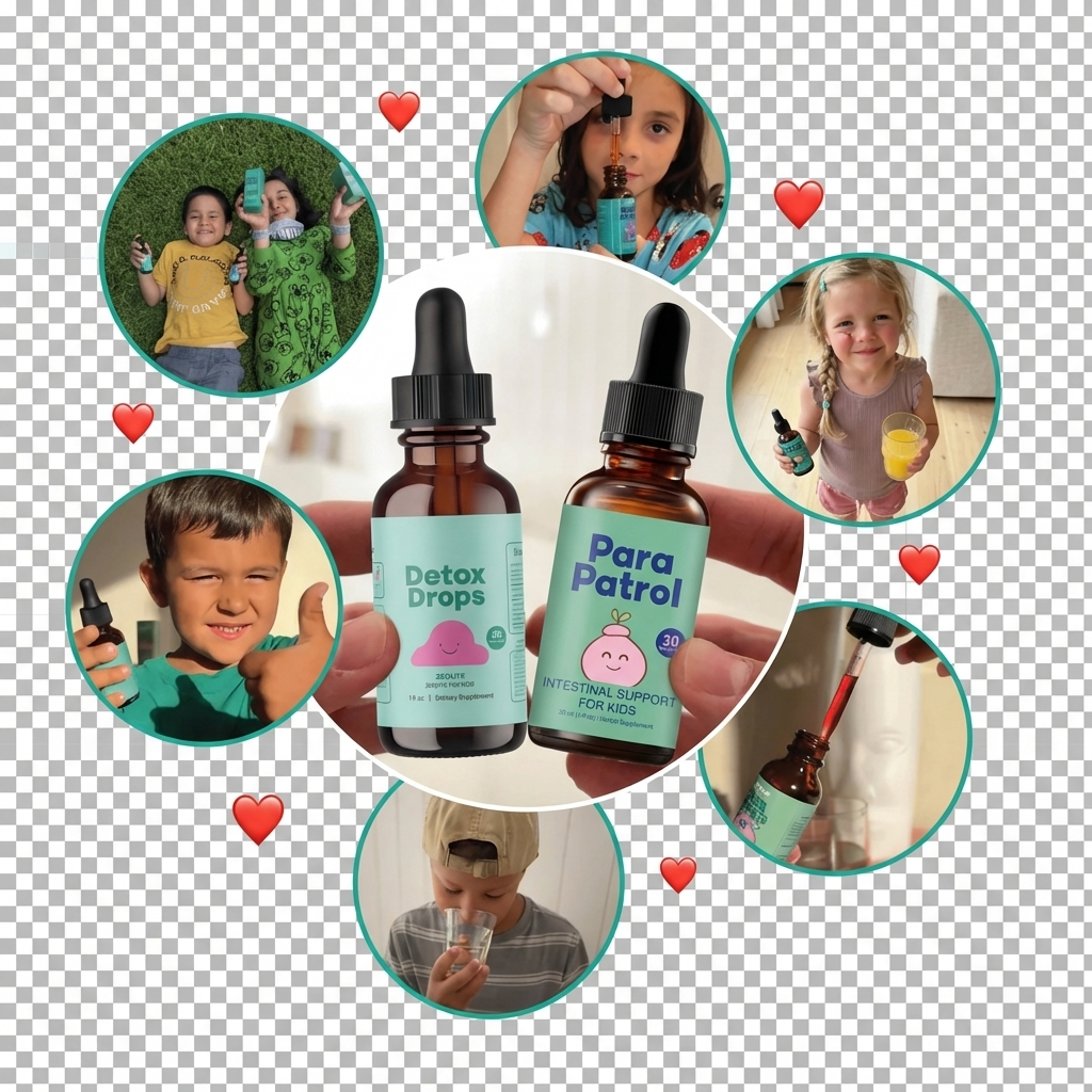 A photo collage of children with 'Detox Drops' and 'Para Patrol' supplement bottles.