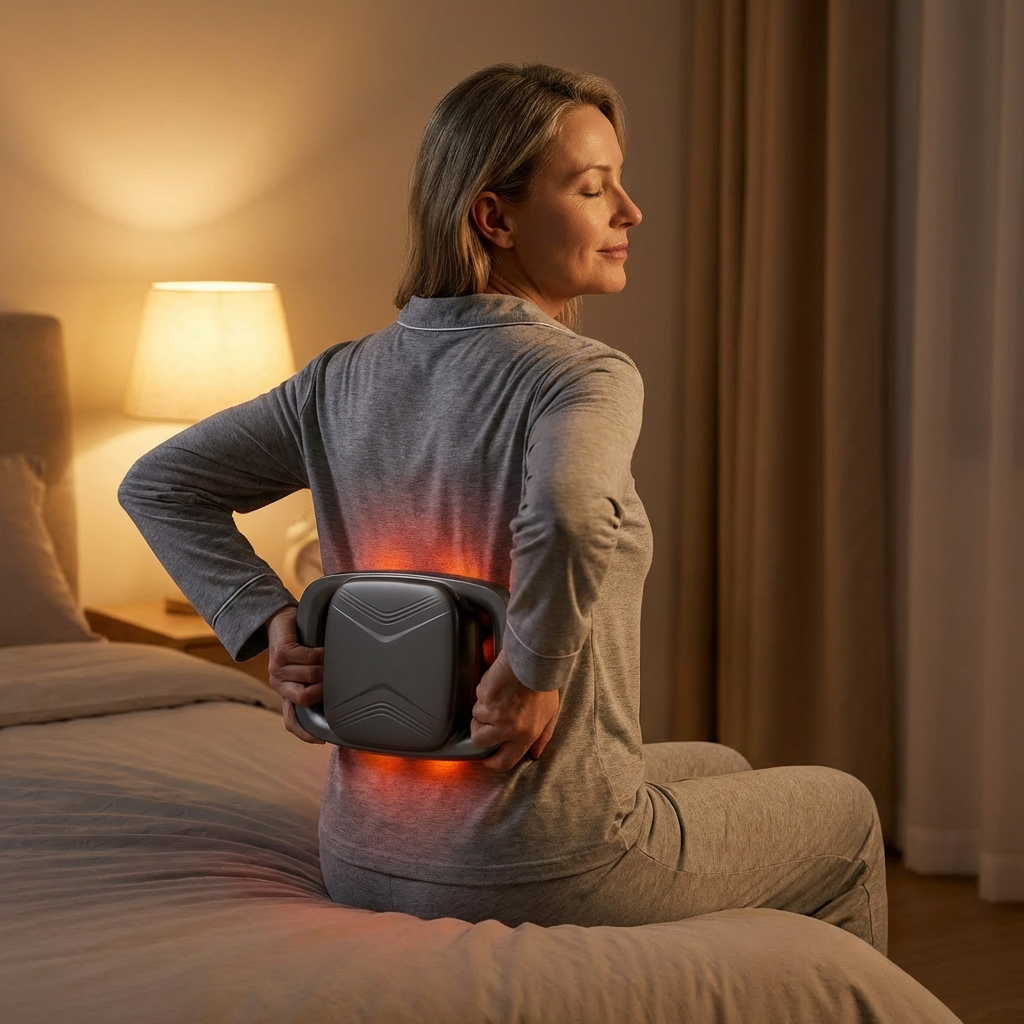 A woman in pajamas sits on a bed, using a glowing heated massager on her lower back.