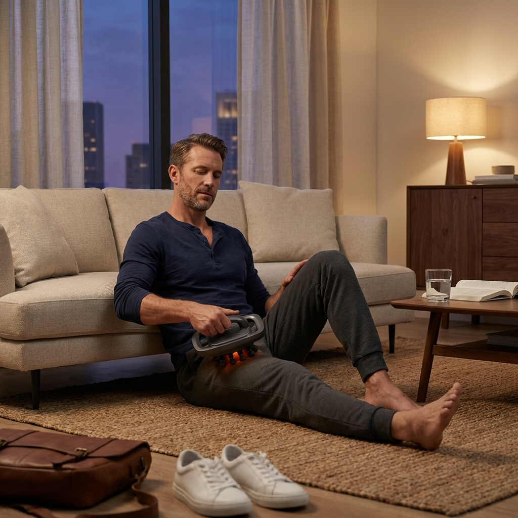 A man sits on a living room floor, leaning against a sofa and using a handheld massager on his thigh.