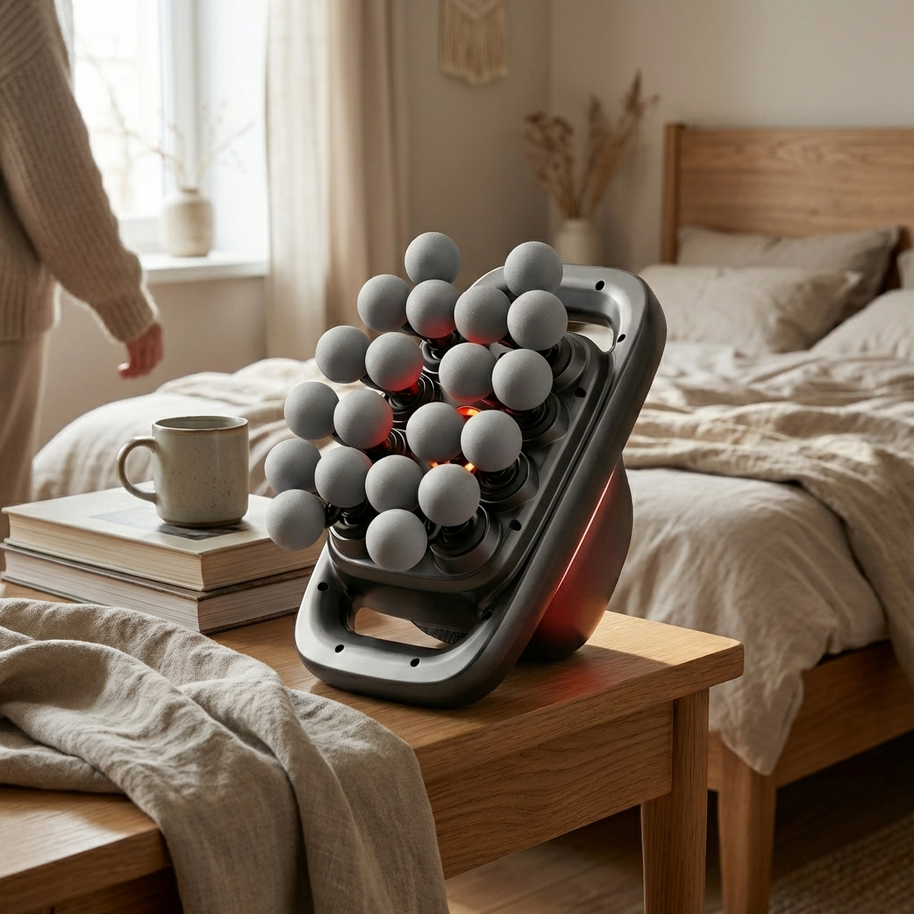 An electric massager with grey spherical nodes sits on a wooden nightstand in a bedroom.