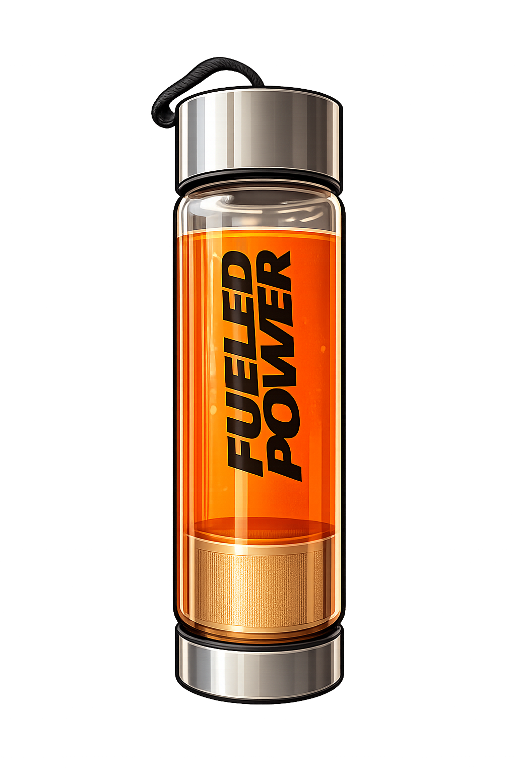 An illustration of a glass bottle with an orange liquid inside, labeled with the words 'FUELED POWER'.