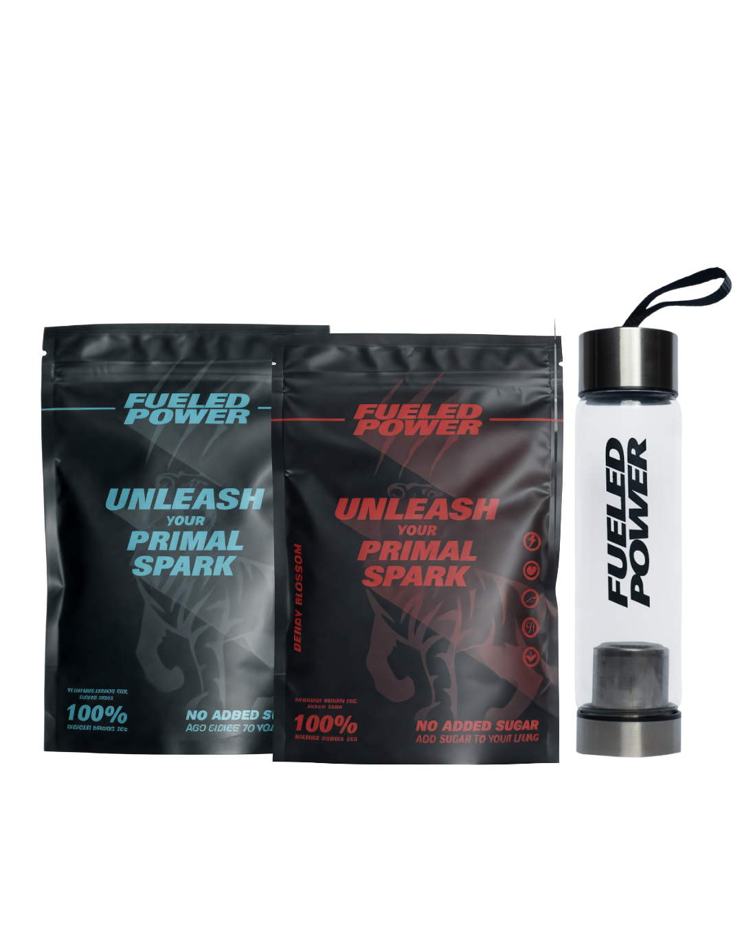 Two black pouches of Fueled Power supplement powder next to a branded clear water bottle with a metal lid.